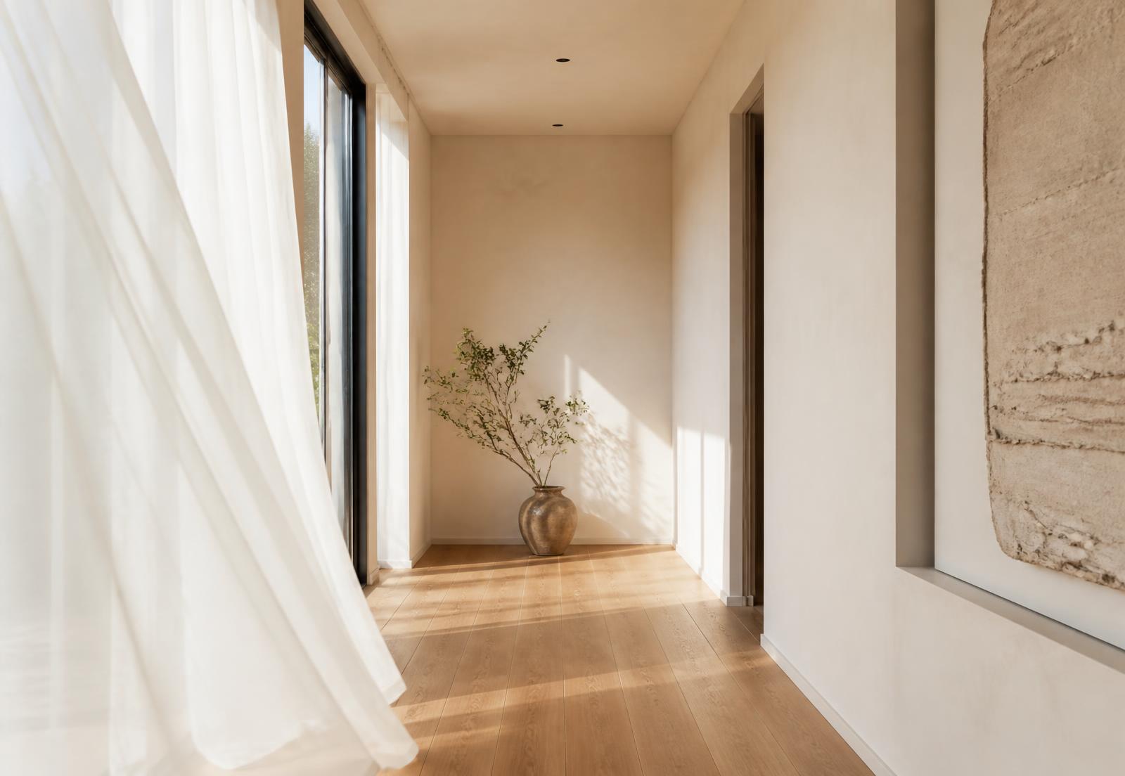Sunlit minimal hallway with sheer curtain and natural materials